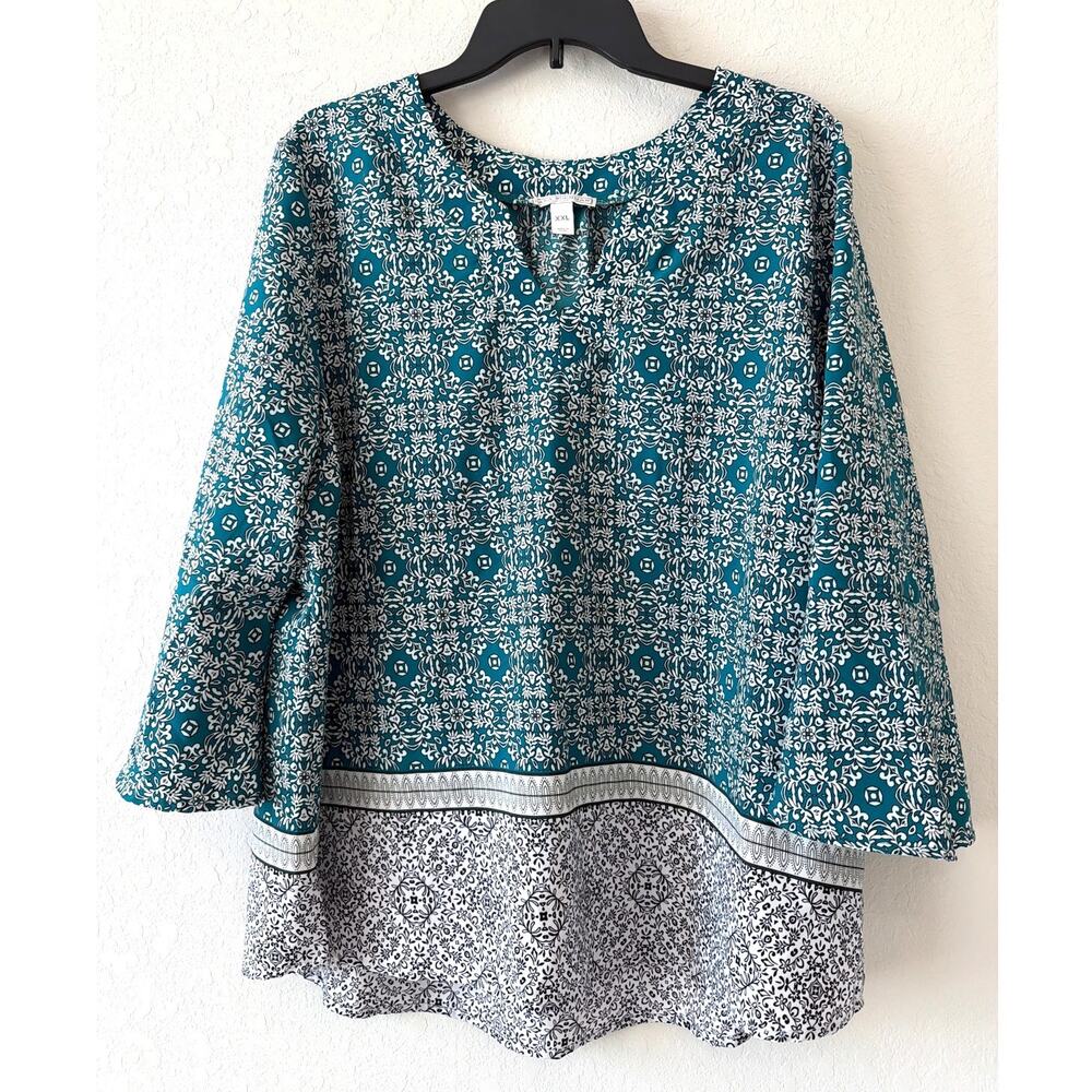 Dana Buchman Teal Boho Geometric Top 3/4 Flared Sleeves Women's Plus Size XXL